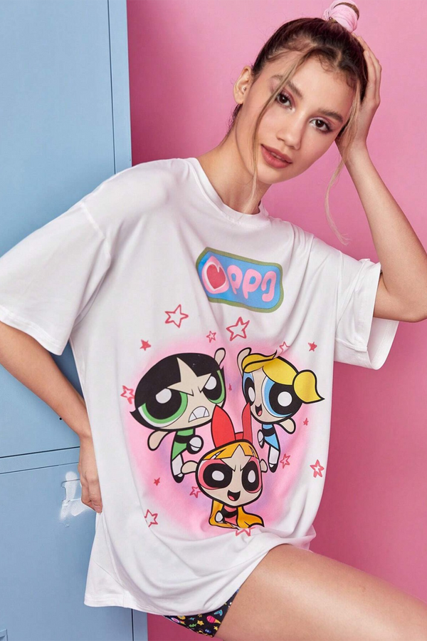White Cartoon Graphic Drop Shoulder Oversized Tee