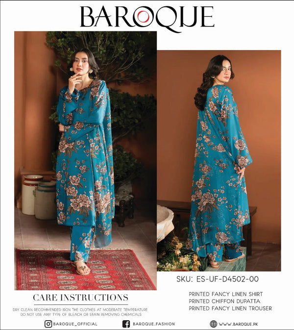 Baroque Printed Fancy Linen Shirt with Chiffon Dupatta and Fancy Linen Trouser