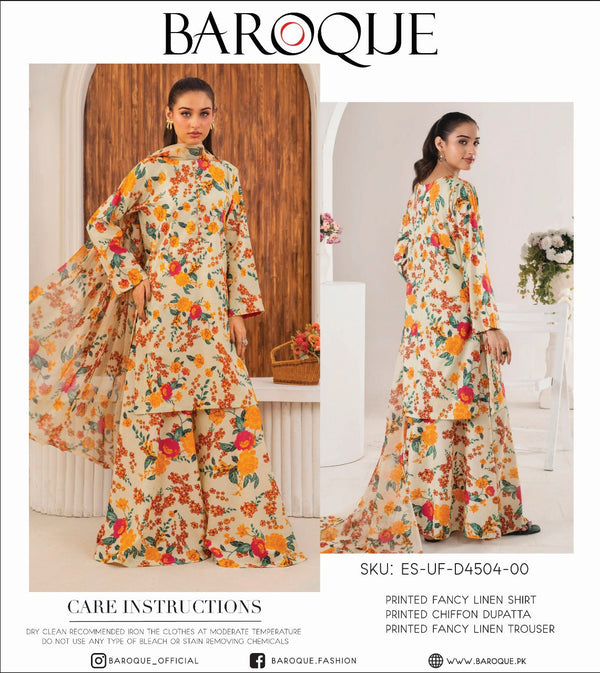 Baroque Printed Fancy Linen Shirt with Chiffon Dupatta and Fancy Linen Trouser