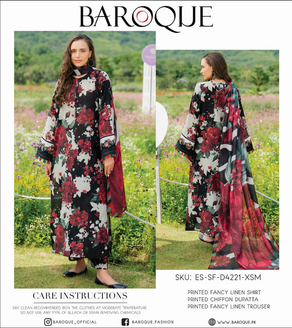 Baroque Printed Fancy Linen Shirt with Chiffon Dupatta and Fancy Linen Trouser