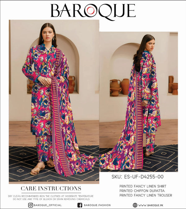 Baroque Printed Fancy Linen Shirt with Chiffon Dupatta and Fancy Linen Trouser