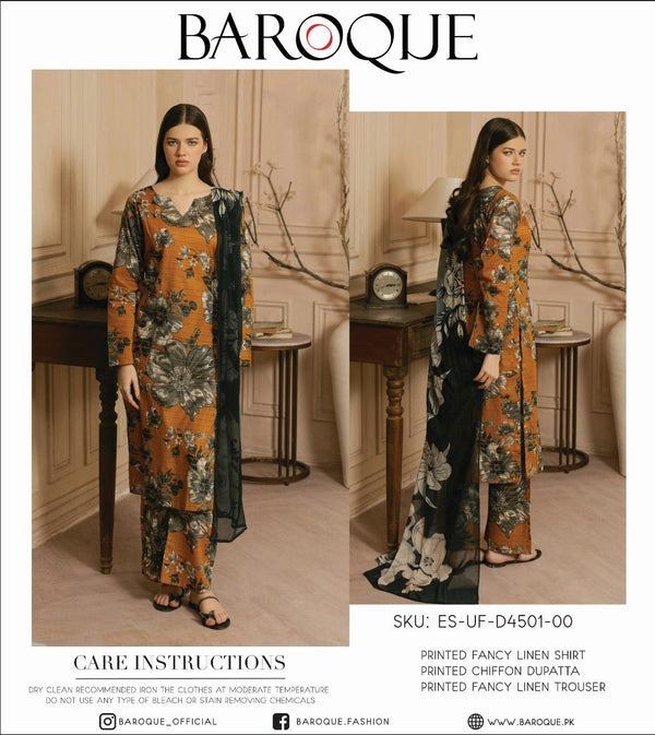 Baroque Printed Fancy Linen Shirt with Chiffon Dupatta and Fancy Linen Trouser