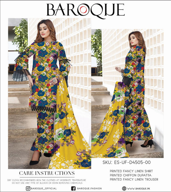Baroque Printed Fancy Linen Shirt with Chiffon Dupatta and Fancy Linen Trouser